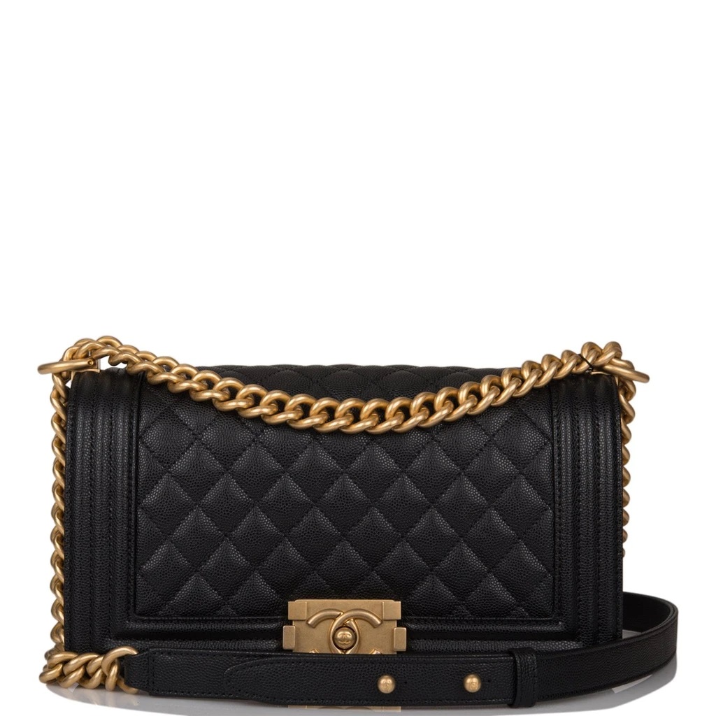 Quilted Caviar Medium Boy Bag Antique Gold Hardware