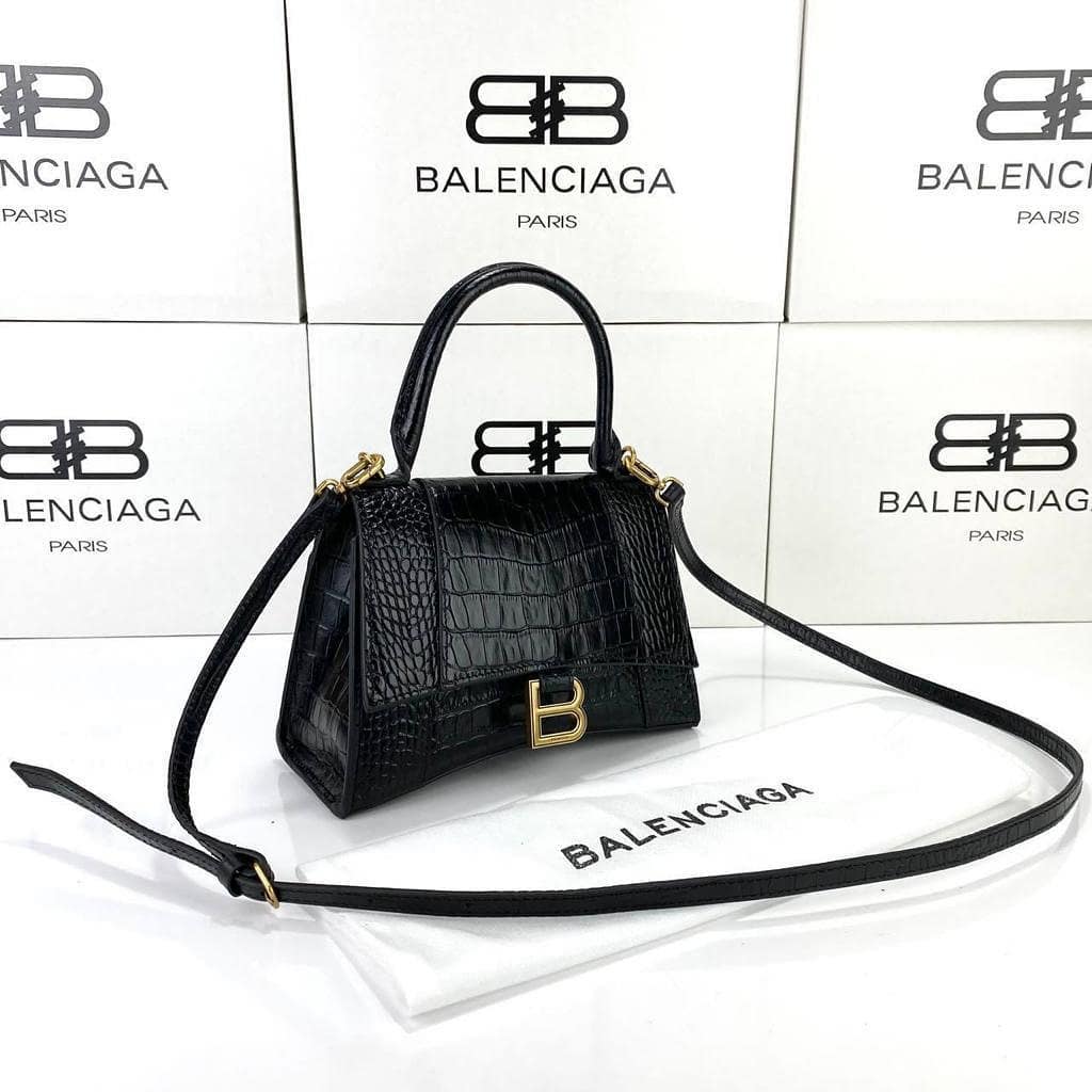 Hourglass Small Top Handle Bag Black Croco