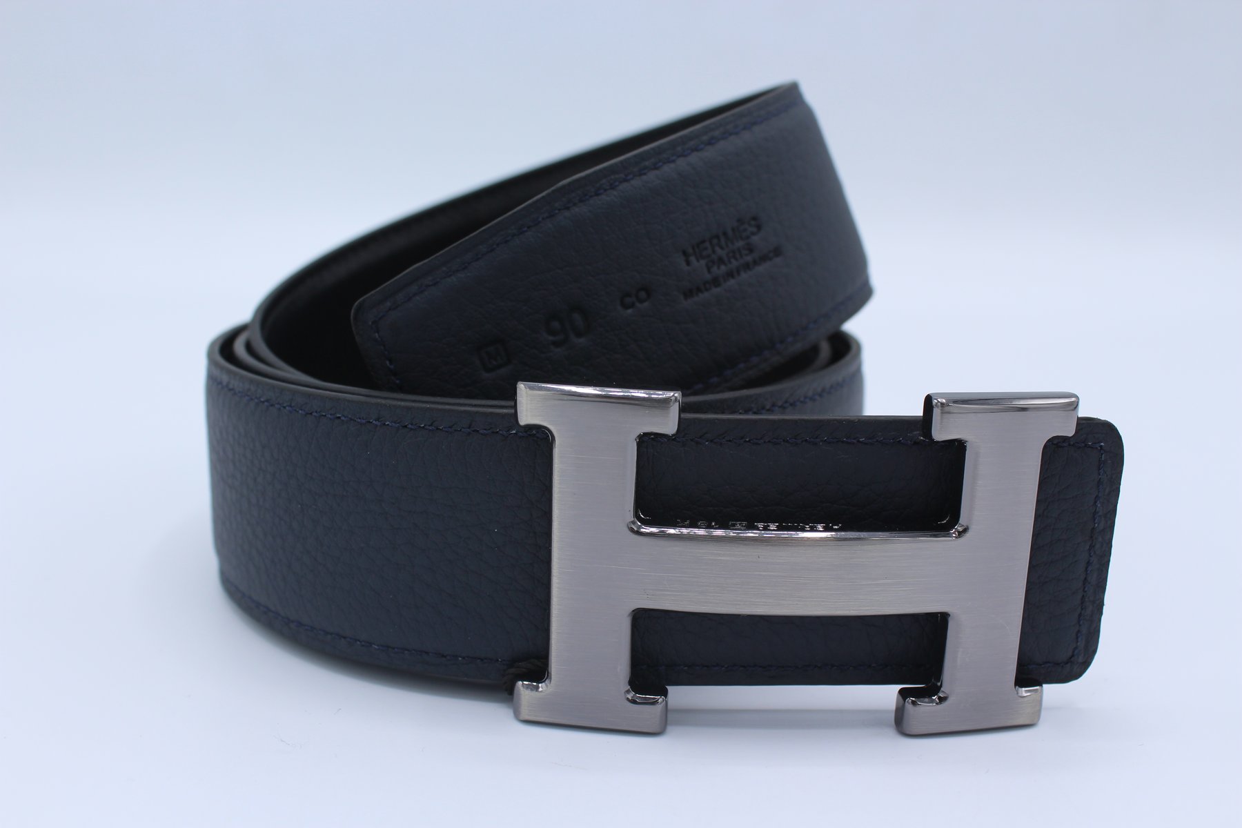 H BUCKLE  %100 LEATHER BELT REVERSIBLE DARK BLUE&BLACK BELT